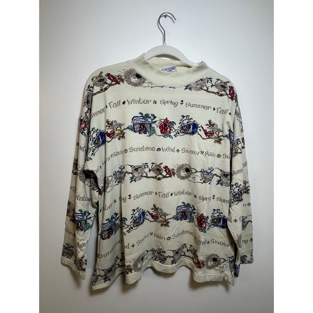 Vintage Bobbie Brooks Four Seasons Birdhouse Mock Neck Sweatshirt Cream